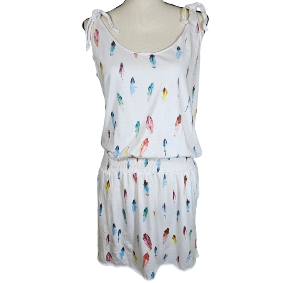 Swildens Beach Cover Up Dress, White W/ Colorful Feathers, Small - Picture 1 of 9